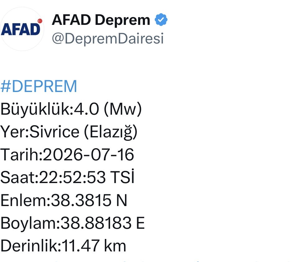 Elazığ’da 4.0 büyüklüğünde deprem
